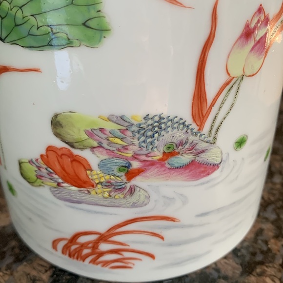 Chinese White Ceramic Water Graphic with Ducks & Flowers Container Vase Planter - Picture 6 of 9
